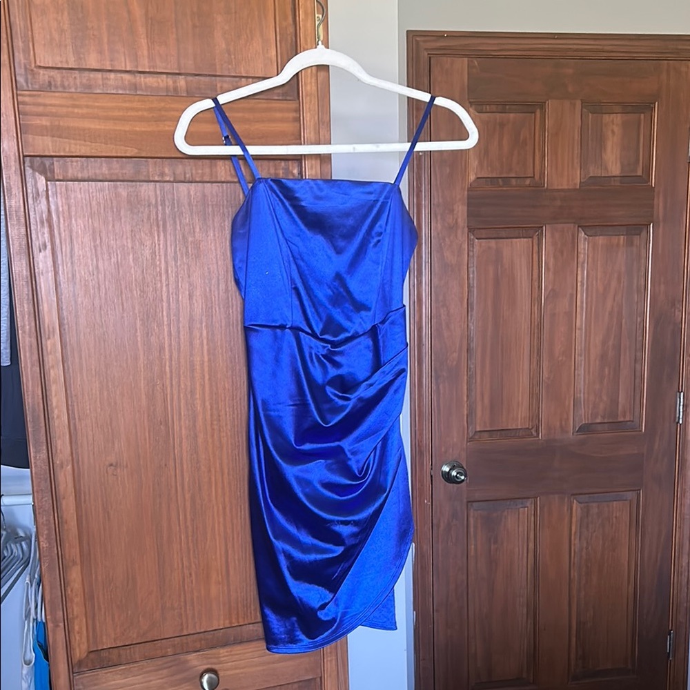 Honey and Rosie Blue Asymmetrical Ruched Mini Dress